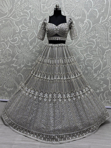 Pretty Grey Sequins Wok Net Wedding Wear Lehenga Choli With Dupatta - Ethnic Plus In